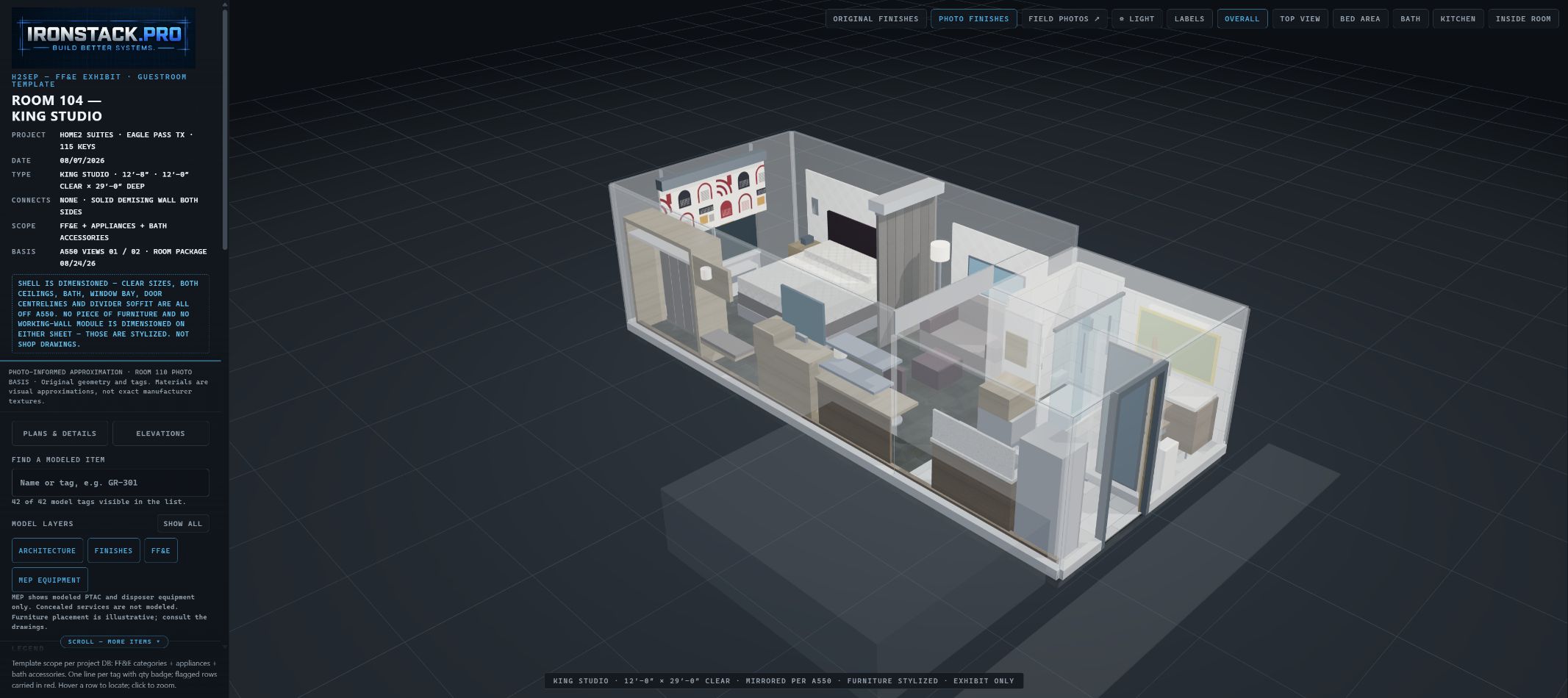 Room 104 King Studio model with tagged FF&E and photo-informed finishes in Ironstack Home2 Studio.